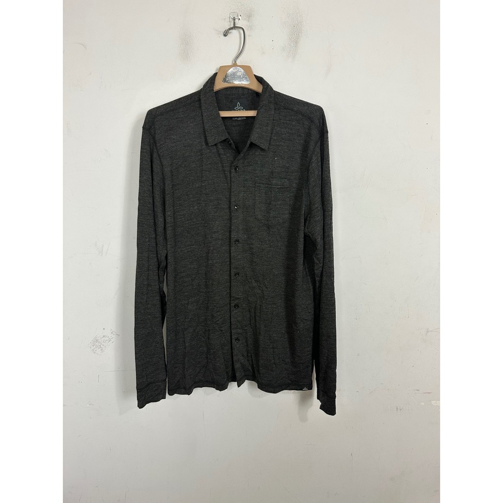 Prana Mens XL Long Sleeve Button Down Shirt Charcoal Gray Heather Knit Pocket